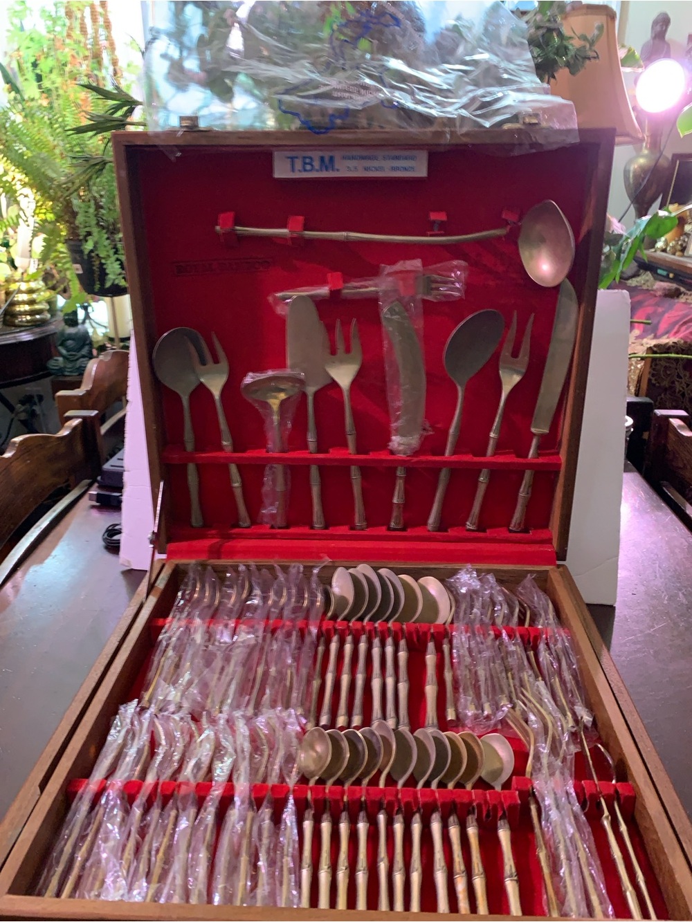 VINTAGE T.B.M. Royal Bamboo Nickel Bronze Flatware Set. 131 pieces. Rare Find.